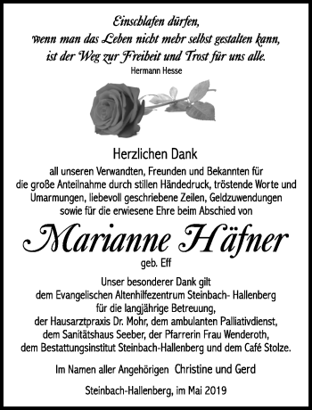 Traueranzeige von Marianne Häfner von Südthüringer Presse