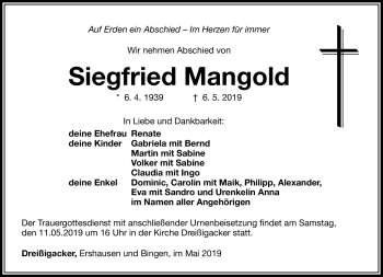 Traueranzeige von Siegfried Mangold von Südthüringer Presse