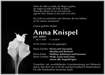 Traueranzeige von Anna Knispel von Frankenpost