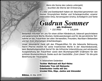Traueranzeige von Gudrun Sommer von Südthüringer Presse