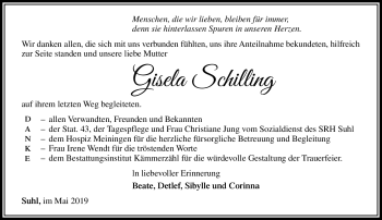 Traueranzeige von Gisela Schilling von Südthüringer Presse
