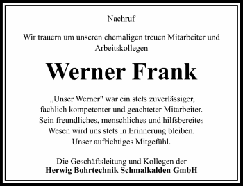 Traueranzeige von Werner Frank von Südthüringer Presse