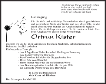 Traueranzeige von Ortrum Kister von Südthüringer Presse