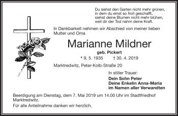 Traueranzeige von Marianne Mildner von Frankenpost