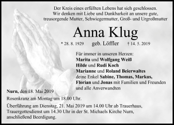 Traueranzeige von Anna Klug von Neue Presse Coburg