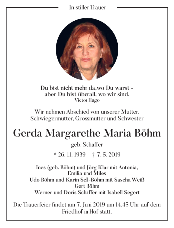 Traueranzeige von Gerda Margarethe Maria Böhm von Frankenpost