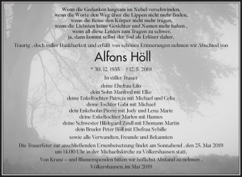 Traueranzeige von Alfons Höll von Südthüringer Presse