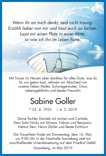 Traueranzeige von Sabine Goller von Südthüringer Presse
