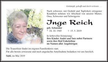 Traueranzeige von Inge Reich von Südthüringer Presse