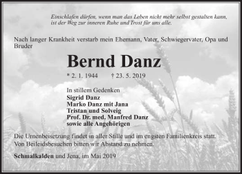 Traueranzeige von Bernd Danz von Südthüringer Presse