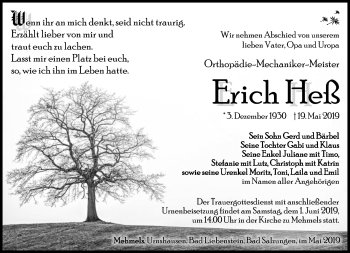 Traueranzeige von Erich Heß von Südthüringer Presse