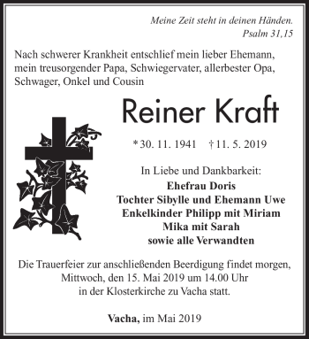 Traueranzeige von Reiner Kraft von Südthüringer Presse