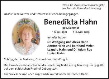 Traueranzeige von Benedikta Hahn von Neue Presse Coburg