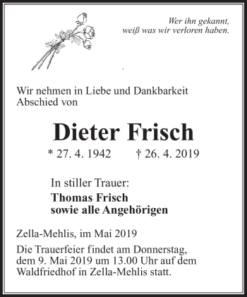 Traueranzeige von Dieter Frisch von Südthüringer Presse