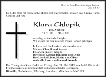 Traueranzeige von Klara Chlopik von Südthüringer Presse