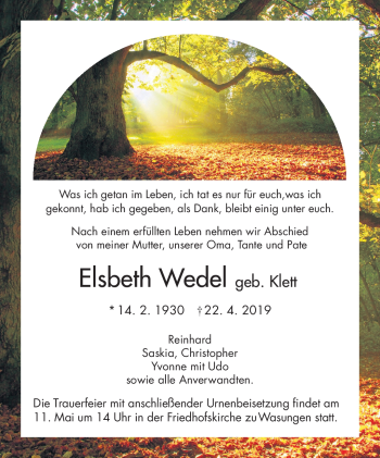Traueranzeige von Elsbeth Wedel von Südthüringer Presse