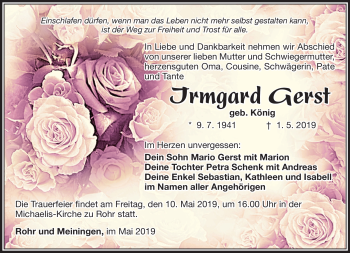 Traueranzeige von Irmgard Gest von Südthüringer Presse