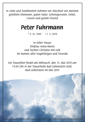 Traueranzeige von Peter Fuhrmann von Südthüringer Presse