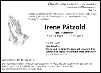 Traueranzeige von Irene Pätzold von Neue Presse Coburg