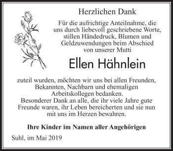 Traueranzeige von Ellen Hähnlein von Südthüringer Presse