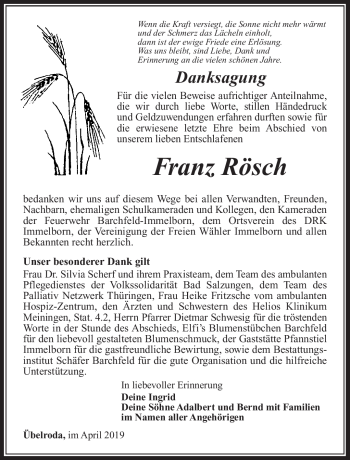 Traueranzeige von Franz Rösch von Südthüringer Presse