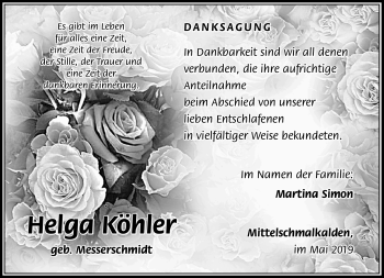 Traueranzeige von Helga Köhler von Südthüringer Presse