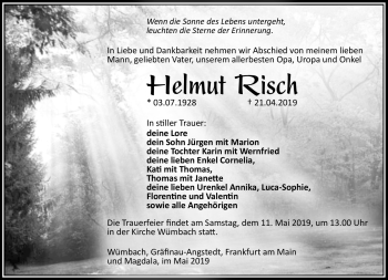 Traueranzeige von helmut Risch von Südthüringer Presse