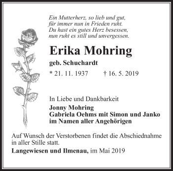 Traueranzeige von Erika Mohring von Südthüringer Presse