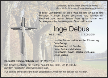 Traueranzeige von Inge Debus von Neue Presse Coburg