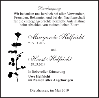 Traueranzeige von Margarete und Horst Helfricht von Südthüringer Presse