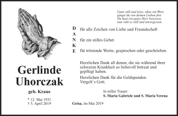 Traueranzeige von Gerlinde Uhorczak von Südthüringer Presse