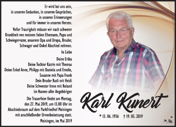 Traueranzeige von Karl Kunert von Südthüringer Presse