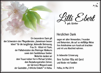 Traueranzeige von Lilli Ebert von Südthüringer Presse