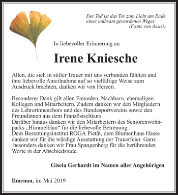 Traueranzeige von Irene Knischer von Südthüringer Presse