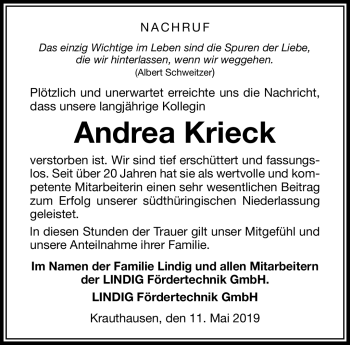 Traueranzeige von Andrea Krieck von Südthüringer Presse