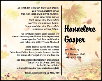 Traueranzeige von Hannelore Gasper von Südthüringer Presse