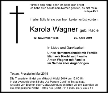 Traueranzeige von Karola Wagner von Neue Presse Coburg