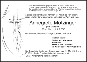 Traueranzeige von Annegrete Mötzinger von Frankenpost