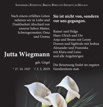 Traueranzeige von Jutta Weigmann von Südthüringer Presse
