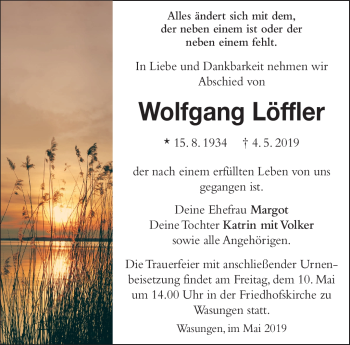 Traueranzeige von Wolfgang Löffler von Südthüringer Presse