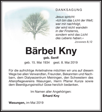 Traueranzeige von Bärbel Kny von Südthüringer Presse