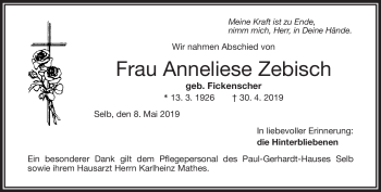 Traueranzeige von Anneliese Zebisch von Frankenpost