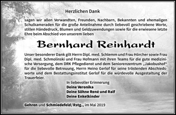 Traueranzeige von Bernhard Reinhardt von Südthüringer Presse