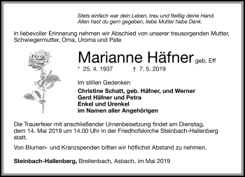 Traueranzeige von Marianne Häfner von Südthüringer Presse