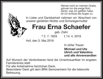 Traueranzeige von Erna Schaefer von Frankenpost