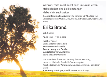 Traueranzeige von Erika Brand von Südthüringer Presse