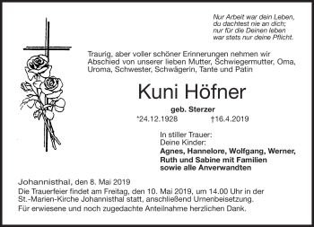 Traueranzeige von Kuni Höfner von Neue Presse Coburg