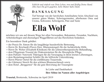 Traueranzeige von Ella Wolf von Südthüringer Presse
