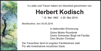 Traueranzeige von Herbert Kodisch von Frankenpost