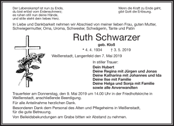 Traueranzeige von Schwarzer Ruth von Frankenpost